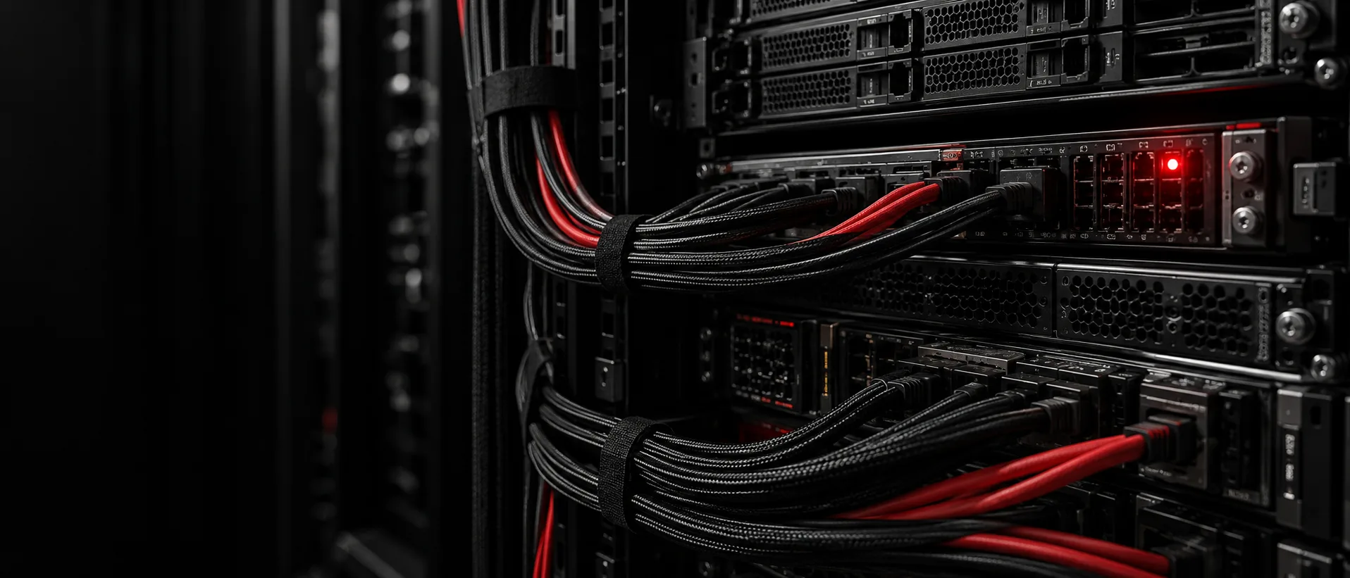 Infraestructura de servidores negra con cableado rojo y negro cuidadosamente organizado